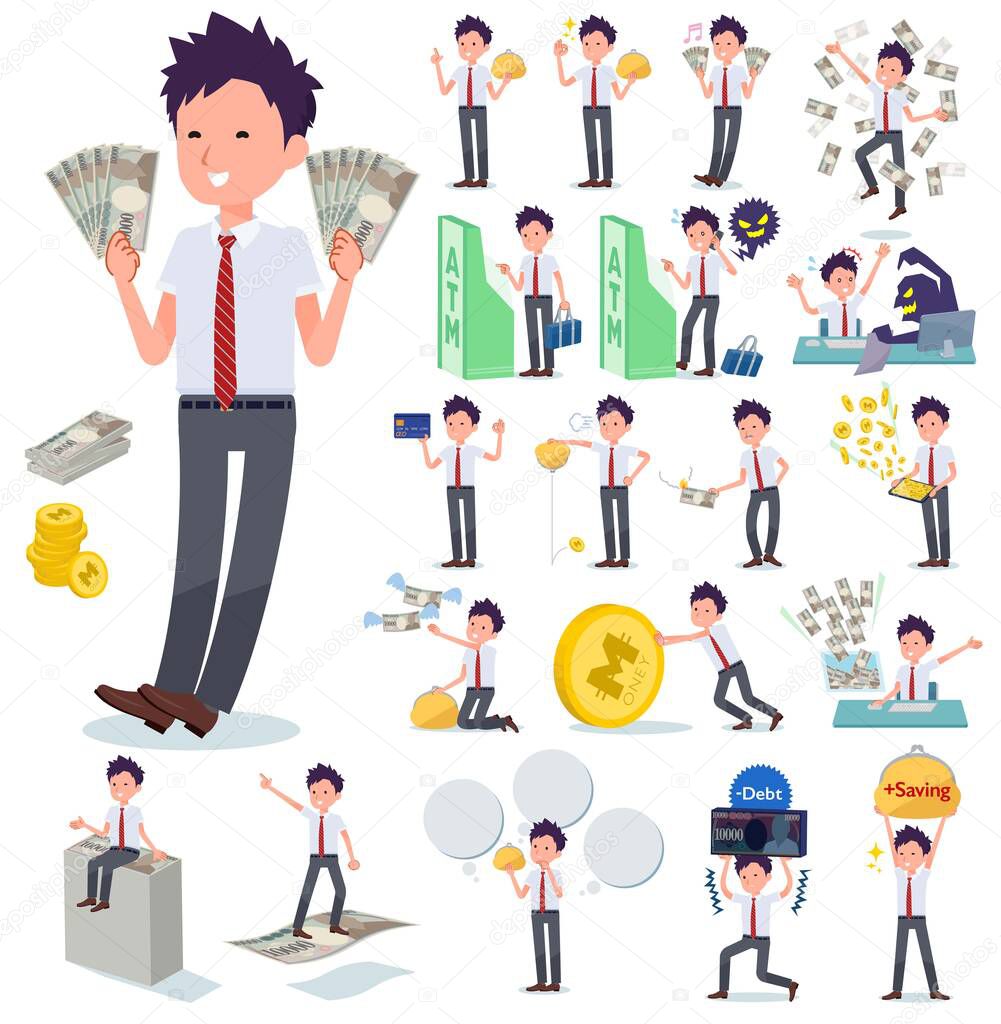 A set of short sleeve schoolboy with concerning money and economy.There are also actions on success and failure.It's vector art so it's easy to edit