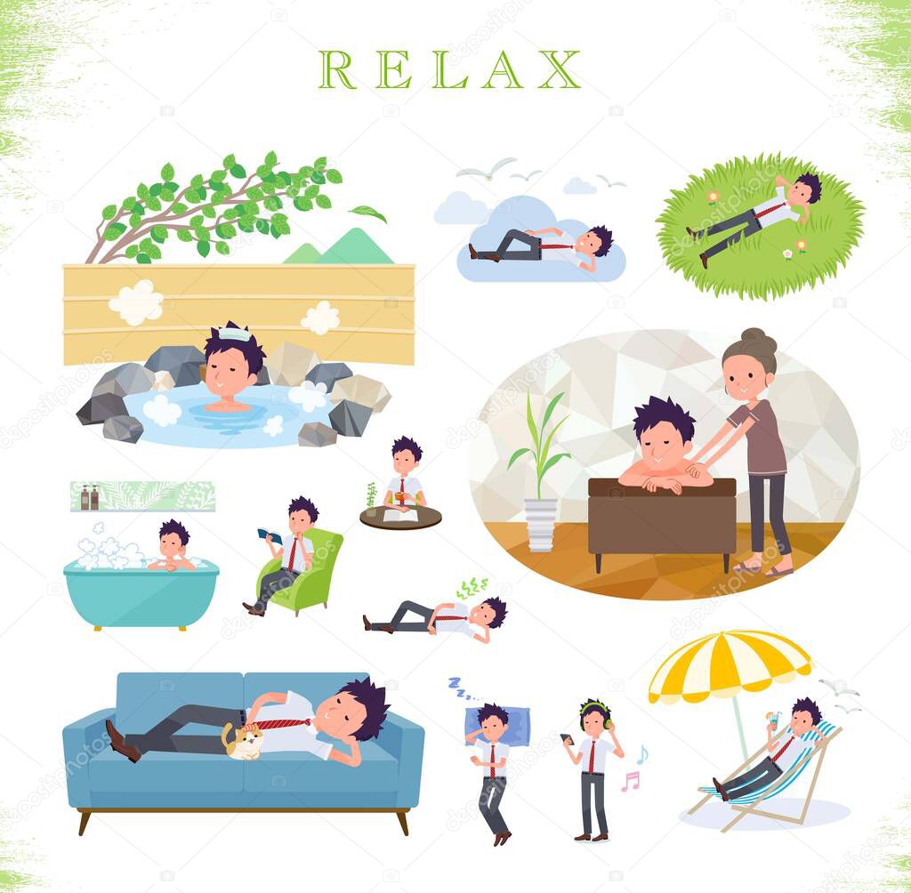A set of short sleeve schoolboy about relaxing.There are actions such as vacation and stress relief.It's vector art so it's easy to edit