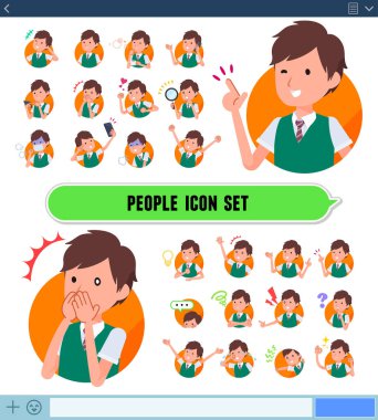 Sns ekranında çeşitli duyguları ifade eden kısa kollu bir okul çocuğu. Neşe ve üzüntü gibi duygular var. Bu bir vektör sanatı.