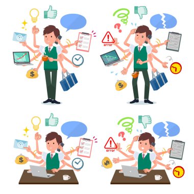 Ofiste birden fazla iş yapan bir grup kısa kollu öğrenci. Pürüzsüz ve panik halinde yapılacak şeyler var. Bu vektör sanatı.