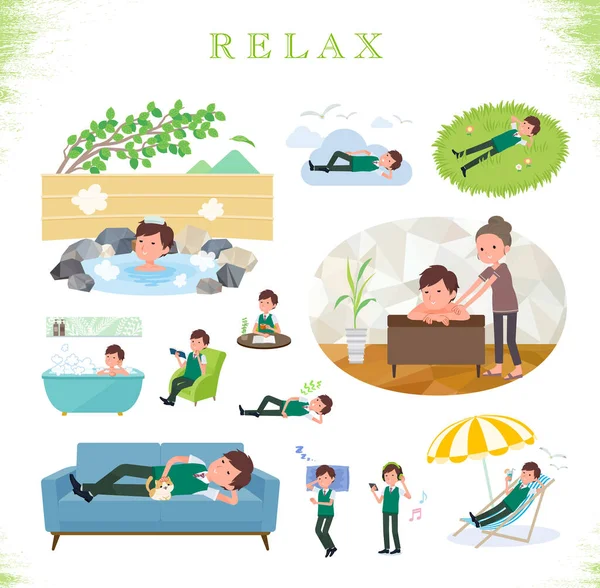 Set Short Sleeve Schoolboy Relaxing Actions Vacation Stress Relief Vector — стоковый вектор