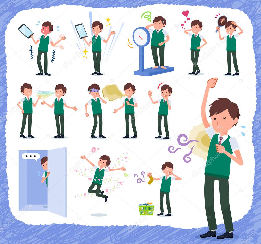 A set of short sleeve schoolboy on inferiority complex.There are actions suffering from smell and appearance.It's vector art so it's easy to edit