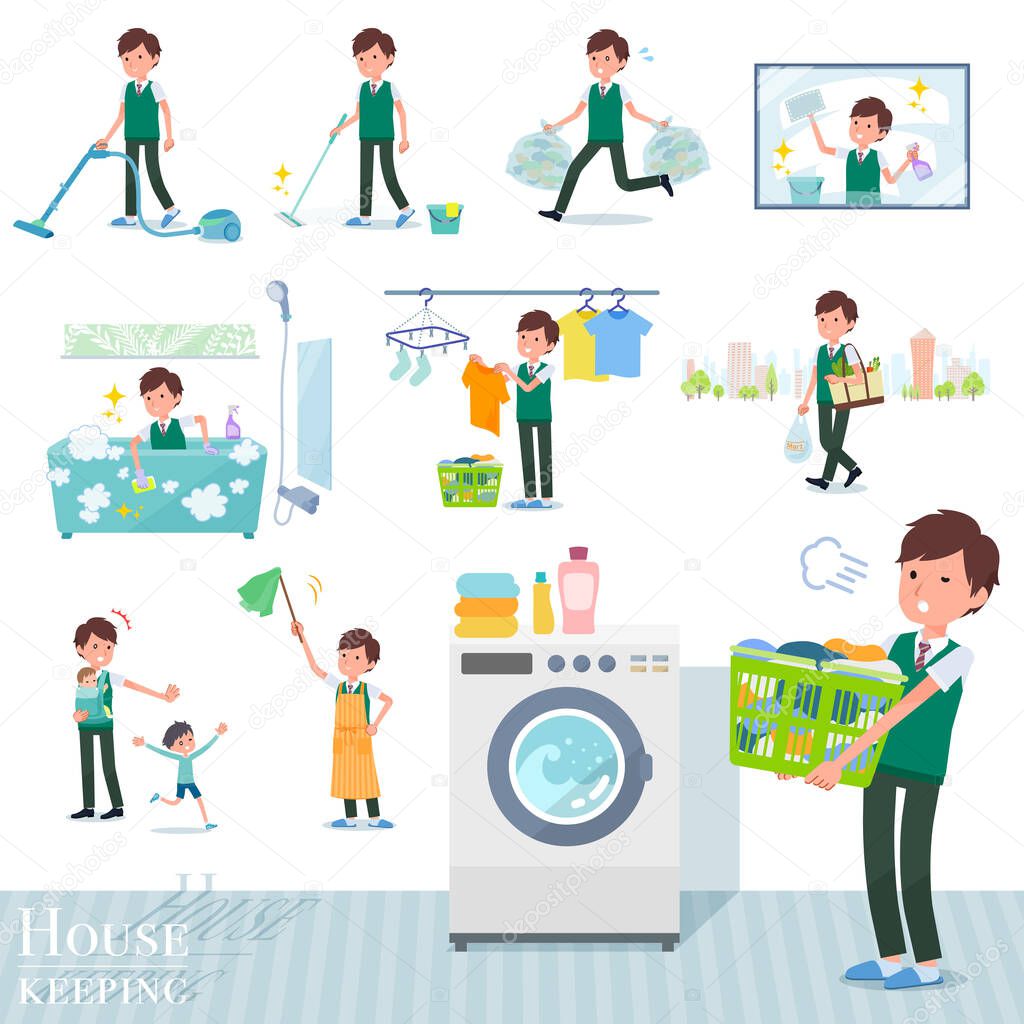 A set of short sleeve schoolboy related to housekeeping such as cleaning and laundry.There are various actions such as child rearing.It's vector art so it's easy to edit