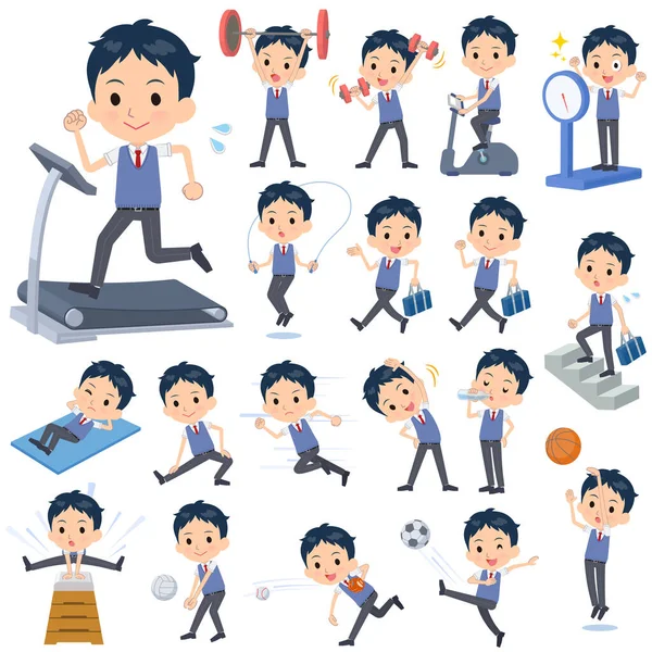 Set School Boy Exercise Sports Various Actions Move Body Healthy — Stock Vector