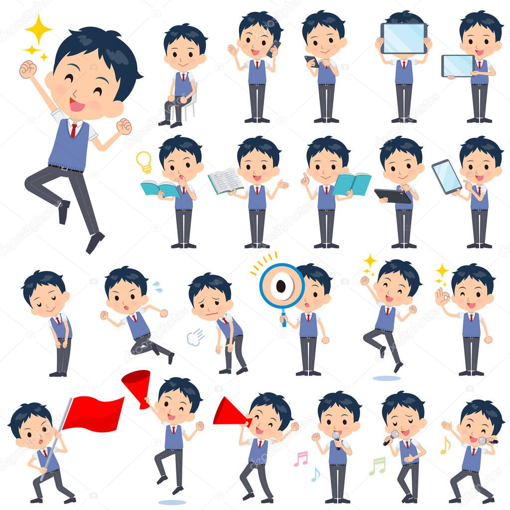 A set of school boy with digital equipment such as smartphones.There are actions that express emotions.It's vector art so it's easy to edit.