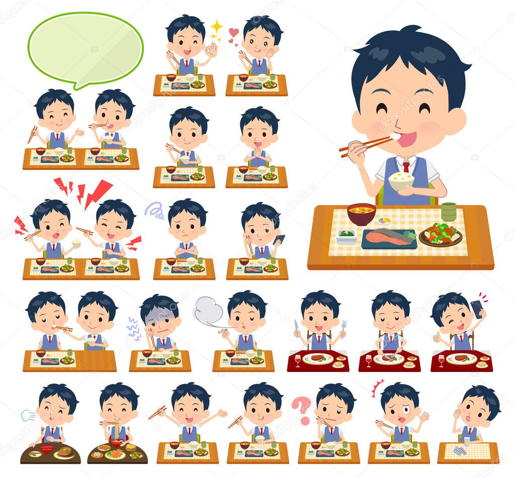 A set of school boy about meals.Japanese and Chinese cuisine, Western style dishes and so on.It's vector art so it's easy to edit