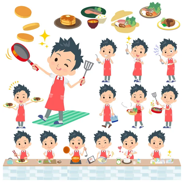Bir Dizi Yemek Hakkında Okullu Çocuk Mutfakta Çeşitli Şekillerde Yemek — Stok Vektör