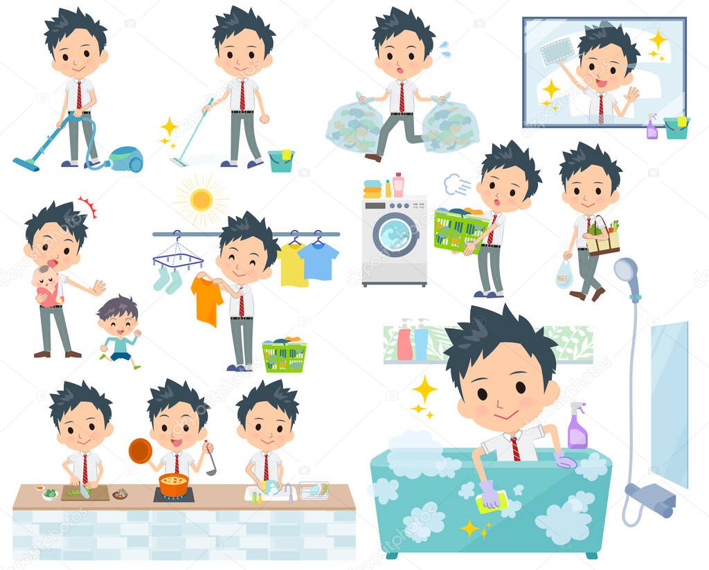 A set of school boy related to housekeeping such as cleaning and laundry.There are various actions such as cooking and child rearing.It's vector art so it's easy to edit