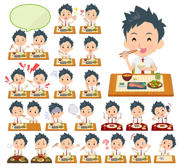 Sada Školních Chlapce Jídle Japonské Čínské Kuchyně Jídla Západního Stylu — Stockový vektor