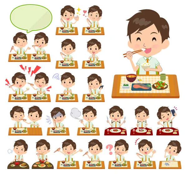 Sada Školních Chlapce Jídle Japonské Čínské Kuchyně Jídla Západního Stylu — Stockový vektor