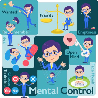 Duyguları kontrol eden bir dizi adam. Benlik duygusunu ifade eden çeşitli resim çizimleri. Vektör sanatı, bu yüzden kolayca edinilir.