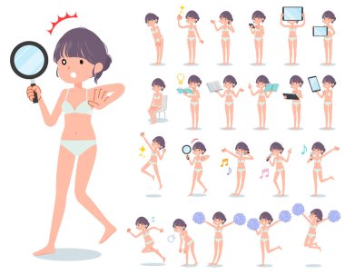 Akıllı telefonlar gibi dijital donanımlı bir kadın seti. Duygularını ifade eden eylemler var. Bu vektör sanatı..