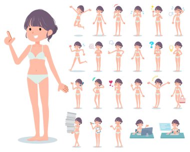 Çeşitli duyguları ifade eden iç çamaşırlı bir grup kadın. İş yerleri ve kişisel bilgisayarlarla ilgili eylemler var. Bu vektör sanatı bu yüzden düzenlemek kolay..