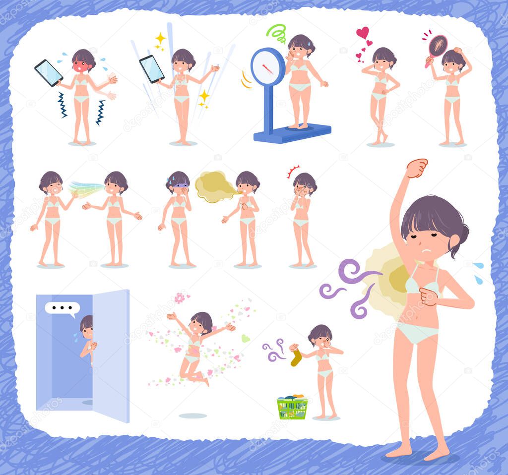 A set of women in underwear on inferiority complex.There are actions suffering from smell and appearance.It's vector art so it's easy to edit.