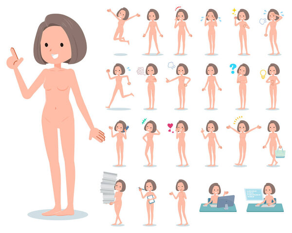 A set of Nude women with who express various emotions.There are actions related to workplaces and personal computers.It's vector art so it's easy to edit.