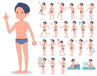 Çeşitli duyguları ifade eden iç çamaşırlı bir grup adam. İş yerleri ve kişisel bilgisayarlarla ilgili eylemler var. Bu vektör sanatı bu yüzden düzenlemek kolay..