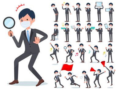 Akıllı telefonlar gibi dijital ekipmanlarla maske takan bir grup işadamı. Duygularını ifade eden eylemler vardır. Bu vektör sanatıdır..