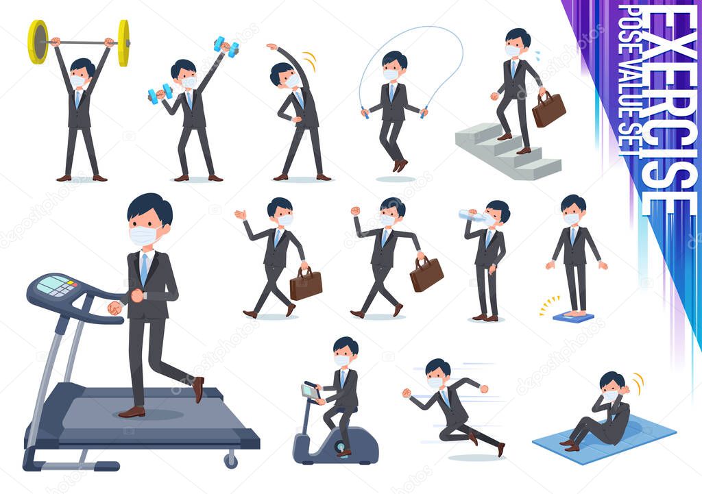 A set of businessman wearing mask on exercise and sports.There are various actions to move the body healthy.It's vector art so it's easy to edit.