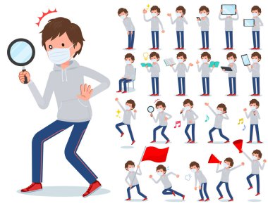 Akıllı telefonlar gibi dijital ekipmanlarla maske takan bir grup sporcu. Duygularını ifade eden eylemler var. Bu vektör sanatı..