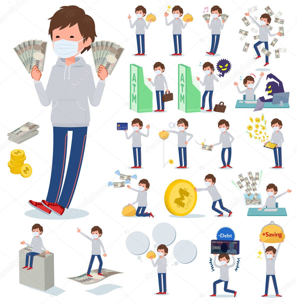 A set of sportswear men wearing mask with concerning money and economy.There are also actions on success and failure.It's vector art so it's easy to edit.