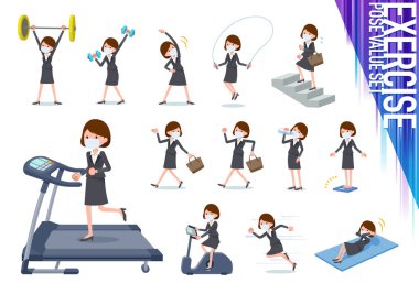 Spor ve egzersiz yaparken maske takan bir grup kadın. Vücut sağlığını arttırmak için çeşitli hareketler var. Bu vektör sanatı..