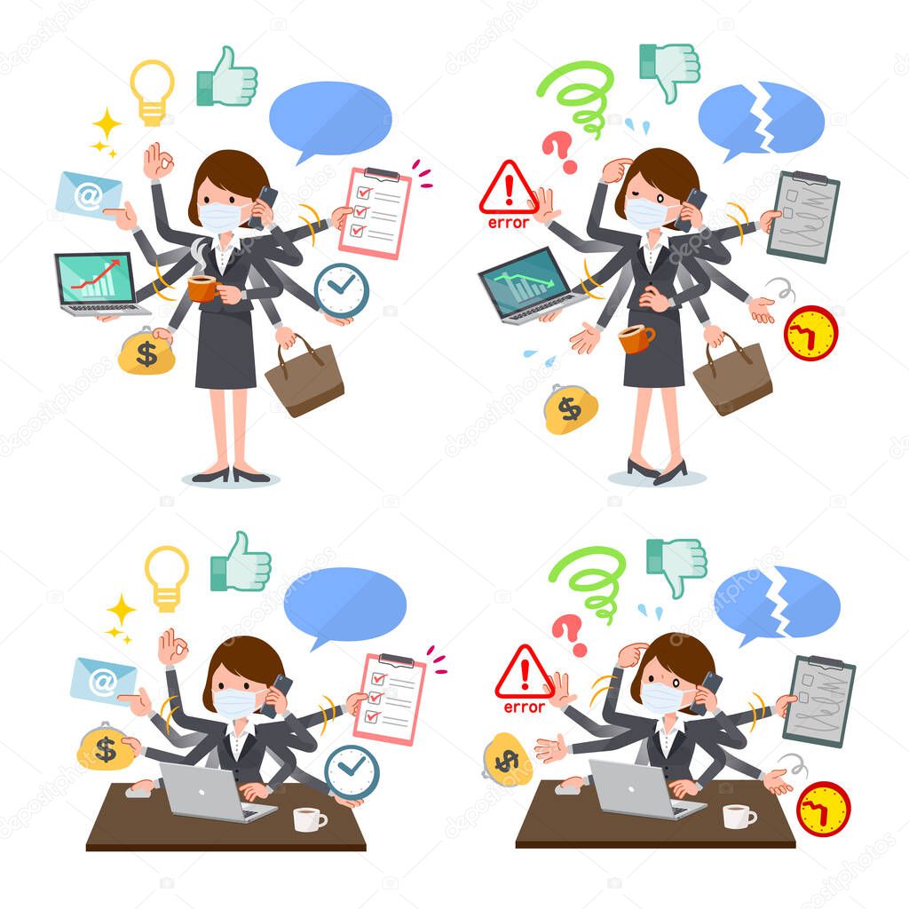 A set of women wearing mask who perform multitasking in the office.There are things to do smoothly and a pattern that is in a panic.It's vector art so it's easy to edit.
