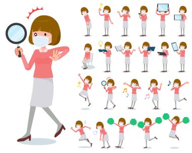 Akıllı telefonlar gibi dijital ekipmanlarla maske takan bir grup kadın. Duygularını ifade eden eylemler var. Bu vektör sanatı..