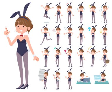 Çeşitli duyguları ifade eden bir grup tavşan kostümlü kadın. İş yerleri ve kişisel bilgisayarlarla ilgili eylemler var. Bu vektör sanatı bu yüzden düzenlemek kolay..