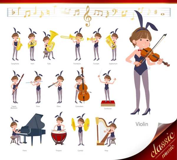 Set Bunny Suit Women Classical Music Performances Actions Play Various — Stock Vector