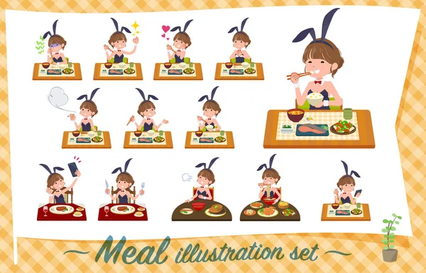 Tavşan Kostümlü Kadınlar Yemek Hakkında Japon Çin Mutfağı Batı Tarzı — Stok Vektör