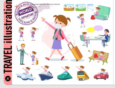 Seyahat ederken bir grup kız maskesi. Tekne ve uçak gibi araçlar da var. Bu vektör sanatı, bu yüzden düzenlemesi kolay..