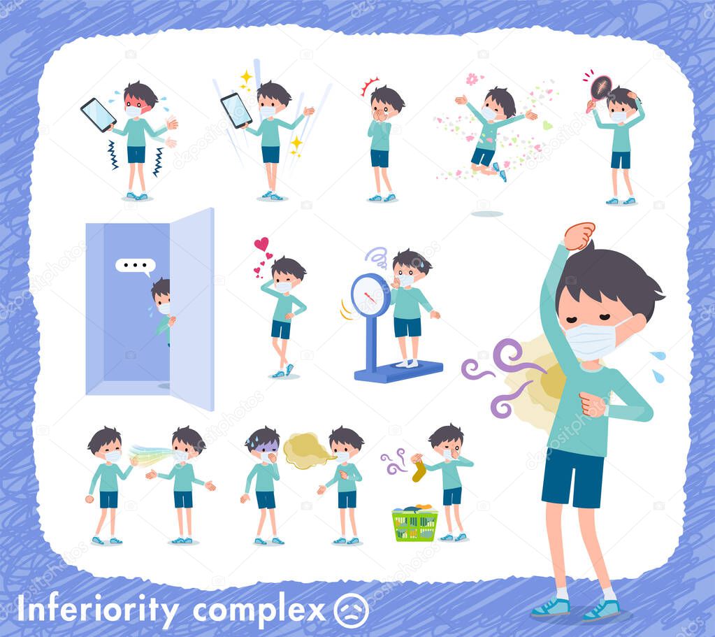 A set of boy wearing mask on inferiority complex.There are actions suffering from smell and appearance.It's vector art so it's easy to edit.