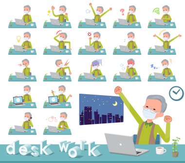 Masa başında maske takan bir grup yaşlı adam. Duygular ve yorgunluk gibi çeşitli eylemler vardır. Bu vektör sanatıdır..