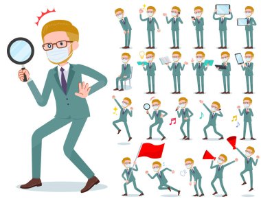 Akıllı telefonlar gibi dijital ekipmanlarla maske takan bir grup sarışın iş adamı. Duygularını ifade eden eylemler var. Bu vektör sanatı..