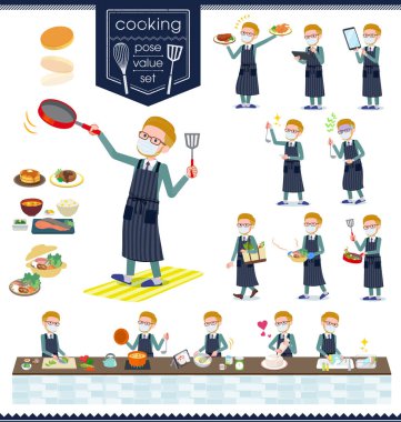 Aşçılık hakkında maske takan bir grup sarı saçlı işadamı. Mutfakta değişik şekillerde pişirilen hareketler var. Bu vektör sanatı bu yüzden düzenlemesi kolay..