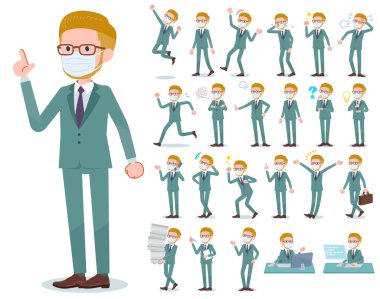 Çeşitli duyguları ifade eden bir maske takan bir grup sarışın iş adamı. İş yerleri ve kişisel bilgisayarlarla ilgili eylemler var. Bu vektör sanatı bu yüzden düzenlemek kolay..