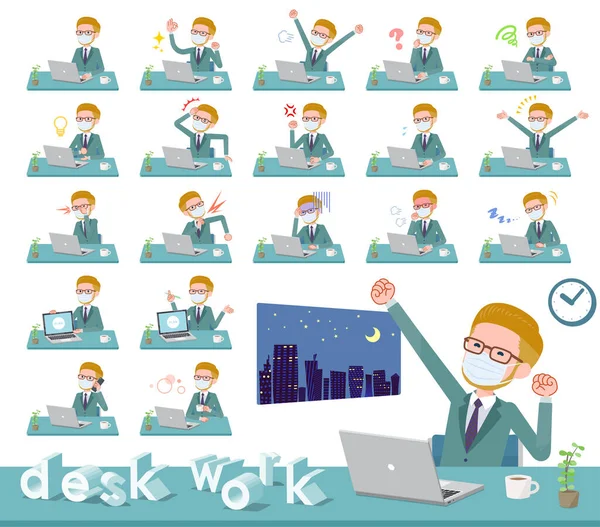 Set Golden Hair Businessman Mask Desk Work 有各种各样的动作 比如感觉和疲倦It Vector — 图库矢量图片