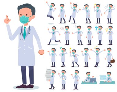 N95 maskeli bir doktor seti. Çeşitli duyguları ifade ediyor. İş yerleri ve kişisel bilgisayarlarla ilgili eylemler var..