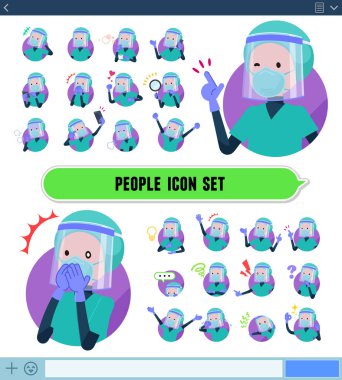 N95 maskeli bir doktor seti SNS ekranında çeşitli duygular ifade eder. Neşe ve üzüntü gibi duygular vardır. Bu bir vektör sanatıdır..