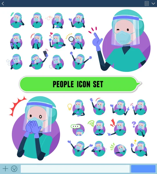 N95 maskeli bir doktor seti SNS ekranında çeşitli duygular ifade eder. Neşe ve üzüntü gibi duygular vardır. Bu bir vektör sanatıdır..