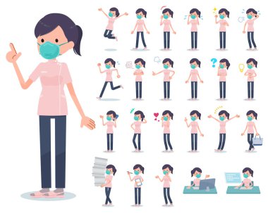 N95 maskesi takan bir grup tıbbi personel farklı duyguları ifade ediyor. İş yerleri ve kişisel bilgisayarlarla ilgili eylemler var. Bu vektör sanatı bu yüzden düzenlemek kolay..