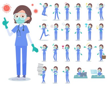 Cerrahi maske takan ve farklı duyguları ifade eden bir grup kadın doktor. İş yerleri ve kişisel bilgisayarlarla ilgili eylemler var. Bu vektör sanatı, bu yüzden düzenlemek kolay..