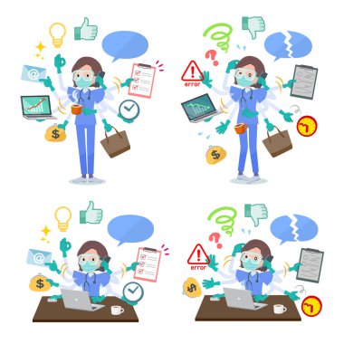 Cerrahi maske takan ve gözlük takan bir grup kadın doktor ofiste birden fazla iş yapıyor. Pürüzsüz ve panik halinde yapılacak şeyler var. Bu vektör sanatı bu yüzden düzenlemek kolay..