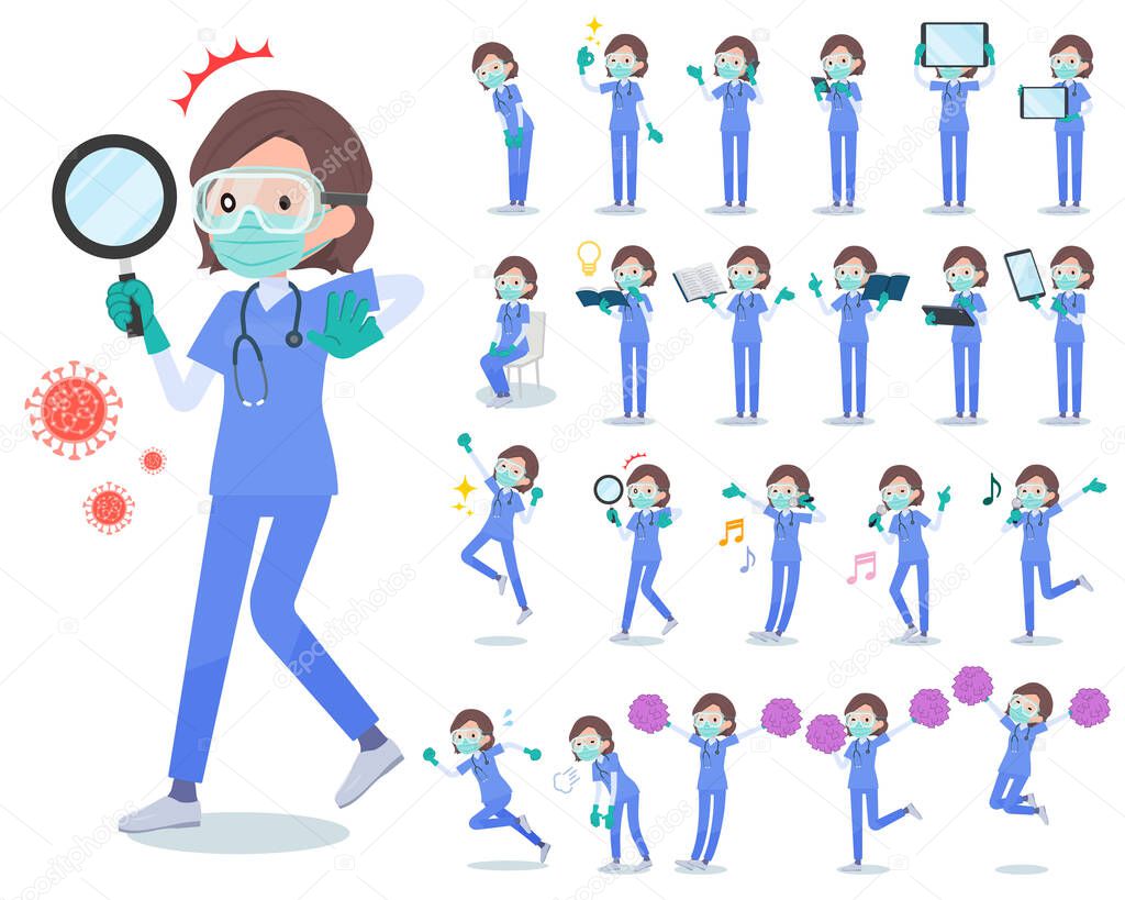 A set of women doctors wearing a surgical mask and goggle with digital equipment such as smartphones.There are actions that express emotions.It's vector art so it's easy to edit.