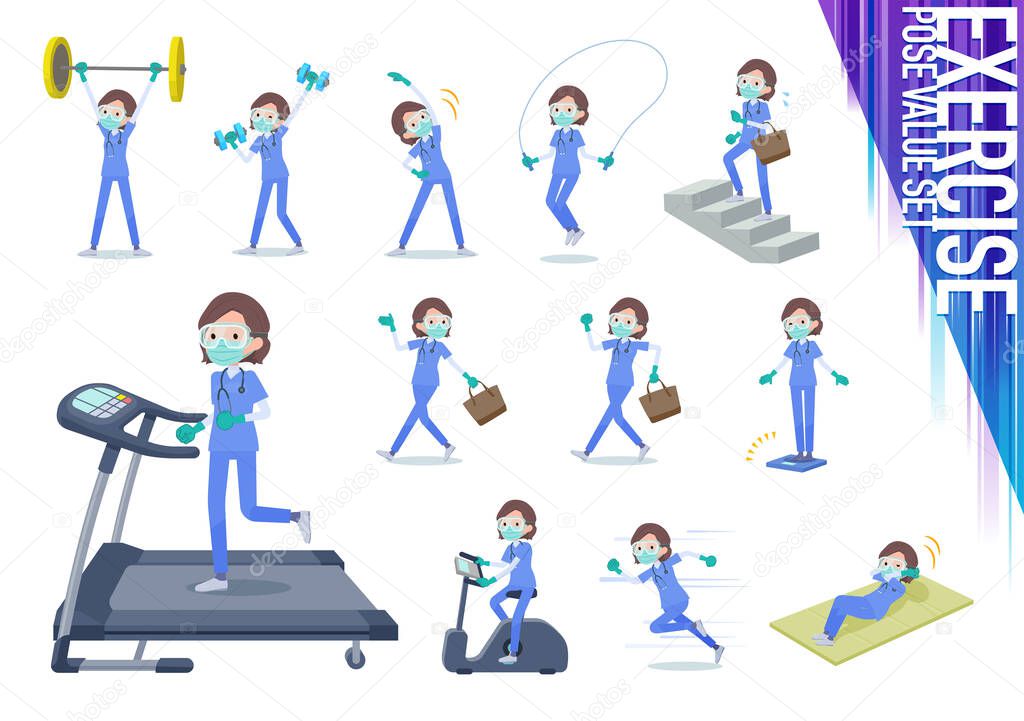 A set of women doctors wearing a surgical mask and goggle on exercise and sports.There are various actions to move the body healthy.It's vector art so it's easy to edit.