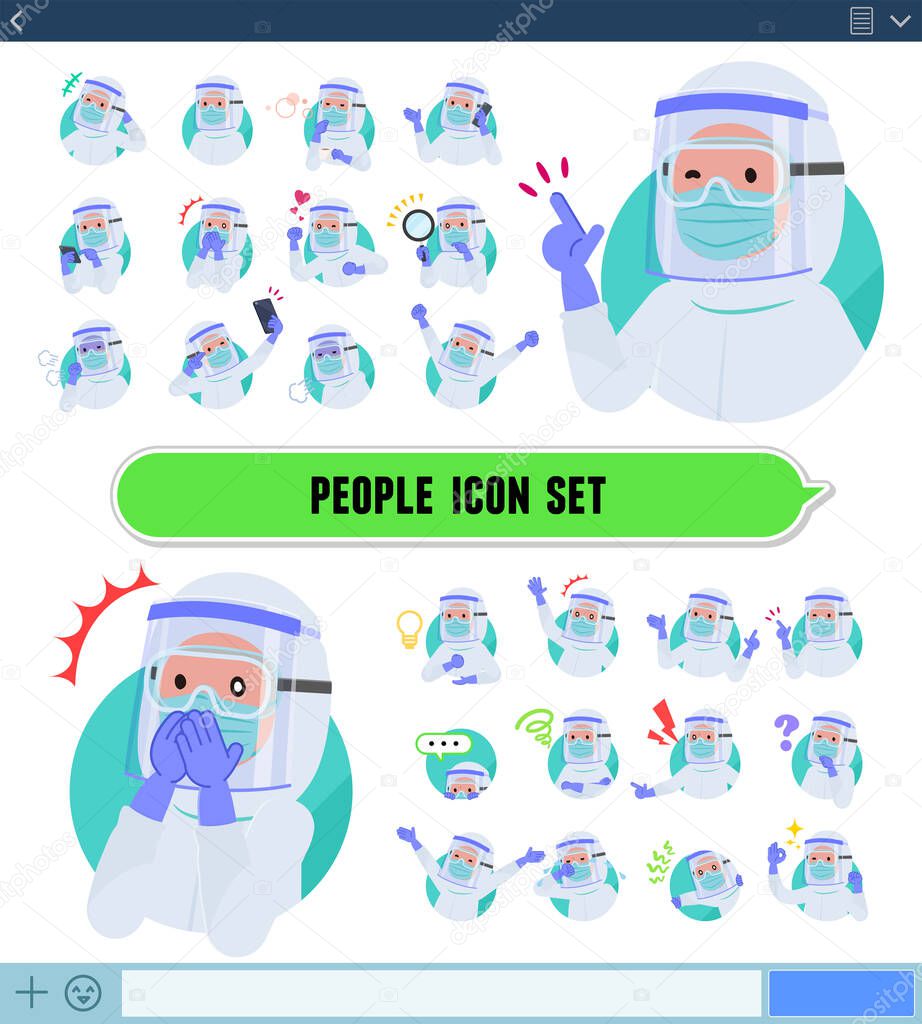 A set of doctor man wearing protective suit with expresses various emotions on the SNS screen.There are variations of emotions such as joy and sadness.It's vector art so it's easy to edit.