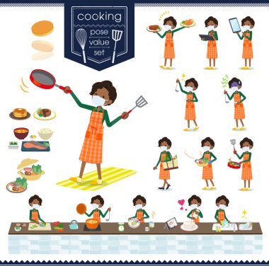 Aşçılık hakkında maske takan bir grup kadın. Mutfakta değişik şekillerde yemek pişiren hareketler var. Bu vektör sanatı..