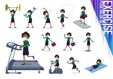 Spor ve egzersiz yaparken maske takan bir grup kadın. Vücut sağlığını arttırmak için çeşitli hareketler var. Bu vektör sanatı..