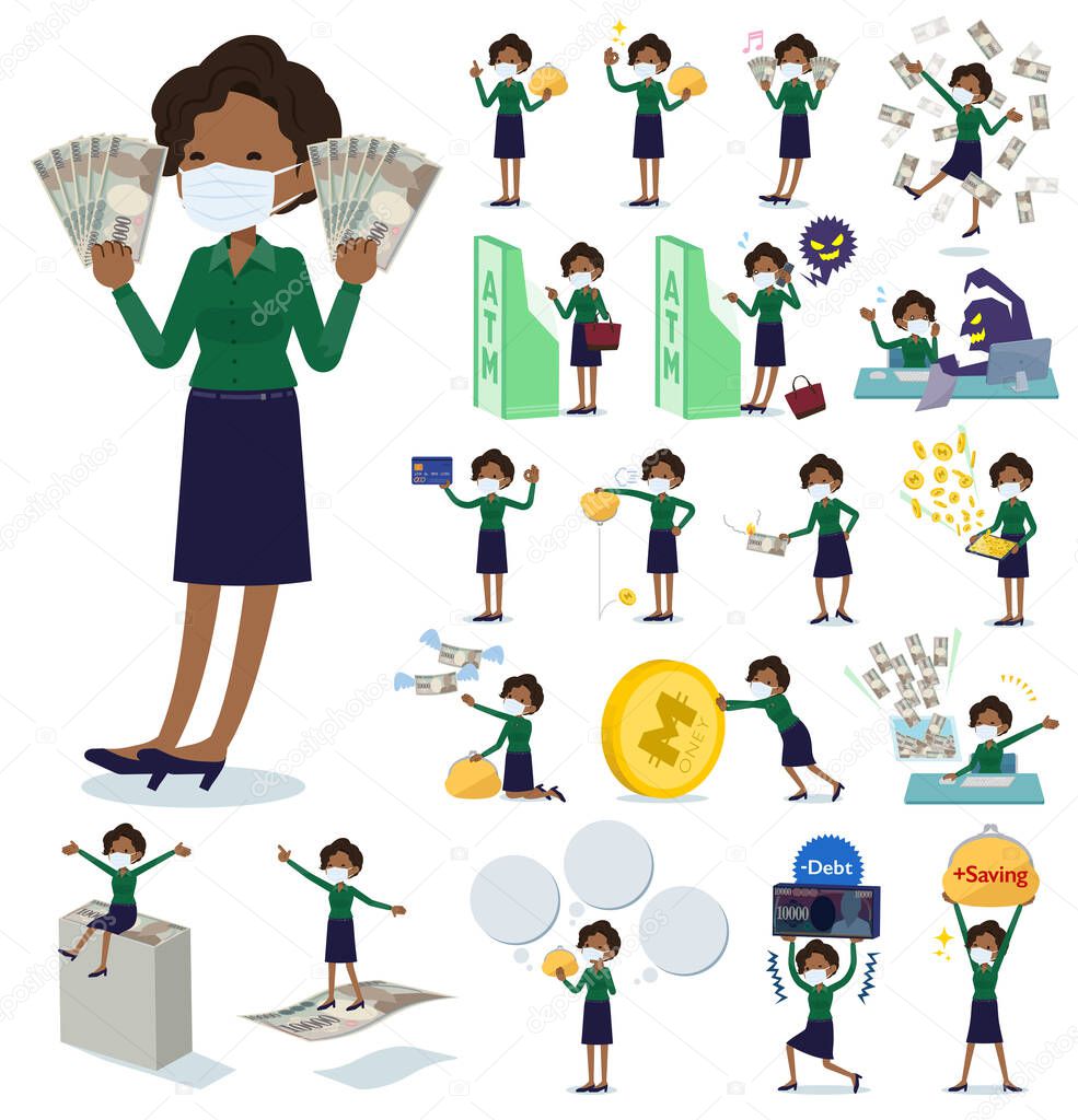 A set of women wearing mask with concerning money and economy.There are also actions on success and failure.It's vector art so it's easy to edit.