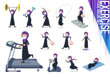 Egzersiz ve spor yaparken maske takan bir grup kadın. Vücudu sağlıklı kılmak için çeşitli hareketler var. Bu vektör sanatı bu yüzden düzenlemek kolay..